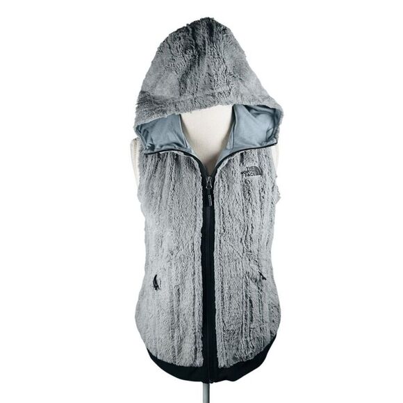 The North Face Gray Full Zip Osito Fleece Vest Women size M Faux Fur Hooded - Picture 1 of 9